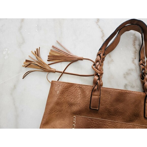 Weimeibaige Women's Leather Oversized Tote Vegan Light Brown Braided Handles - Picture 3 of 7